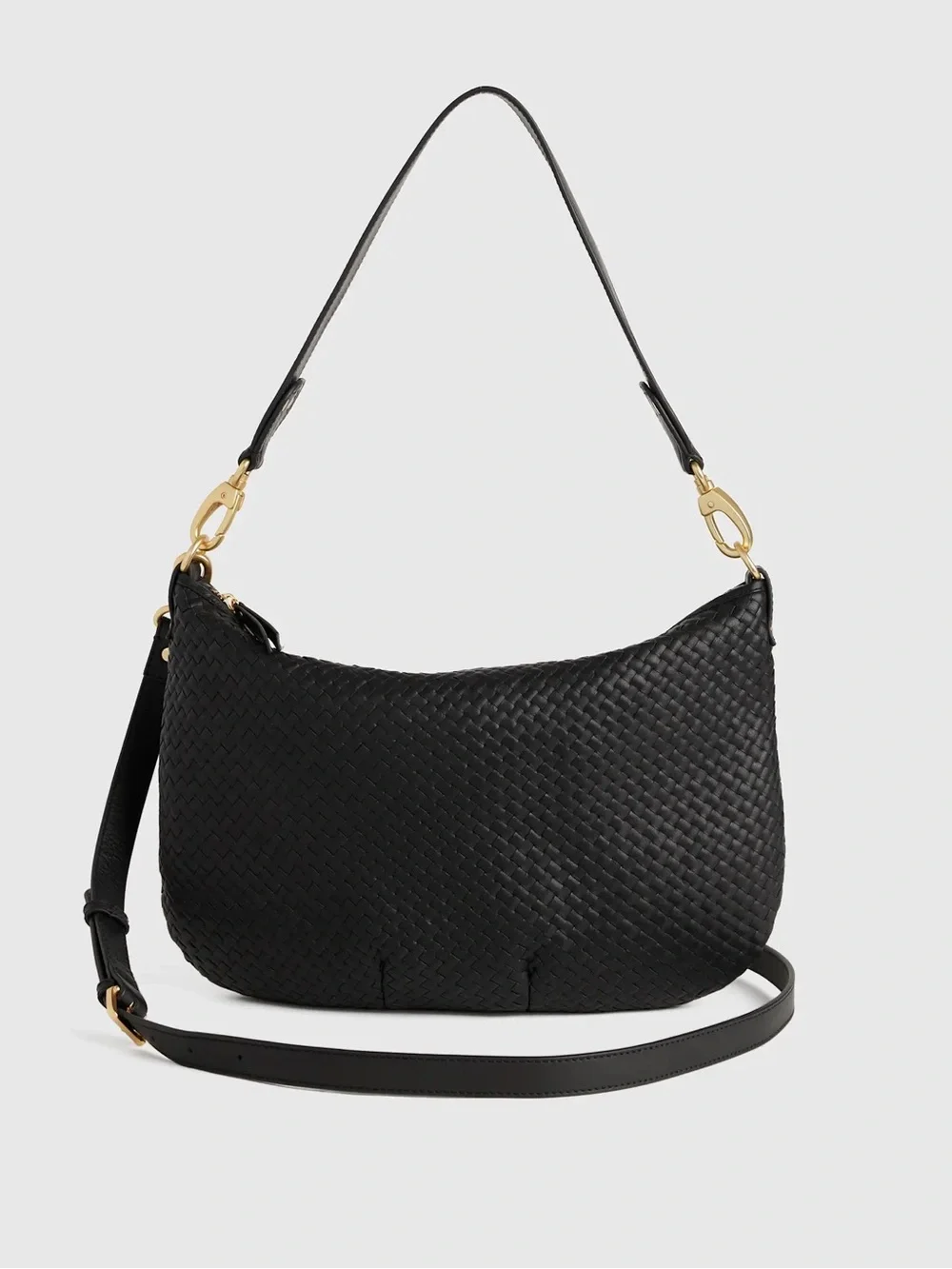 QUINCE Italian Leather Convertible Crescent Handwoven Shoulder Bag Black 8228 - Picture 1 of 12